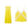 Women's Elegant Satin V Neck Cami Slip Dress And Tank Top Set Lemon Yellow Polyester White Lace Splicing Midi Dress For Party Vacation Streetwear
