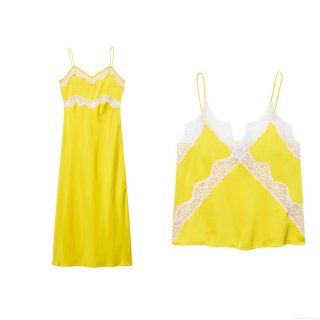 Women's Elegant Satin V Neck Cami Slip Dress And Tank Top Set Lemon Yellow Polyester White Lace Splicing Midi Dress For Party Vacation Streetwear