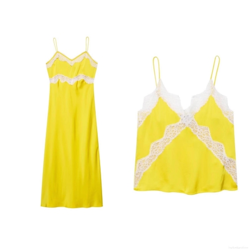 Women's Elegant Satin V Neck Cami Slip Dress And Tank Top Set Lemon Yellow Polyester White Lace Splicing Midi Dress For Party Vacation Streetwear