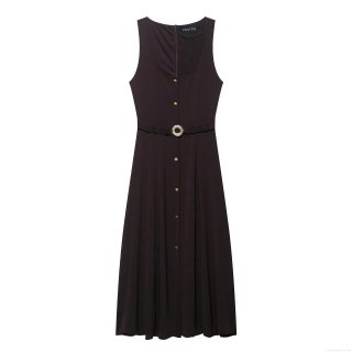 Women's Sleeveless Midi Dress Polyester Solid Color U-Neck Single Breasted With Belt Retro Slim Fit A-Line Dress For Office Party Daily Autumn Casual Wear