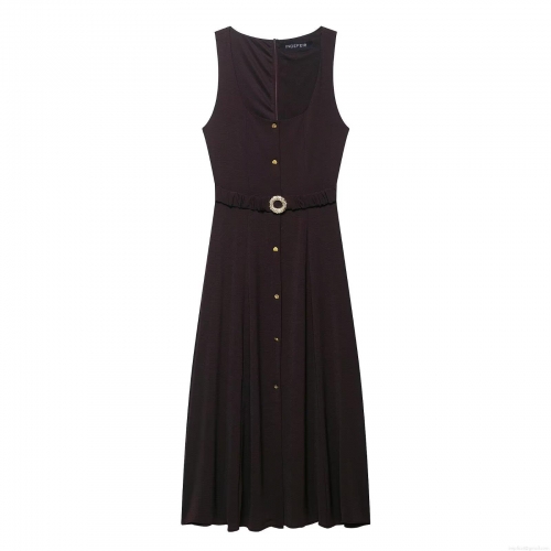 Women's Sleeveless Midi Dress Polyester Solid Color U-Neck Single Breasted With Belt Retro Slim Fit A-Line Dress For Office Party Daily Autumn Casual Wear