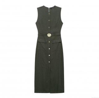 Women's Midi Dress European Sleeveless Round Neck With Golden Flower Belt Pockets Solid Color Polyester Blend Elegant Autumn Vest Dress For Women