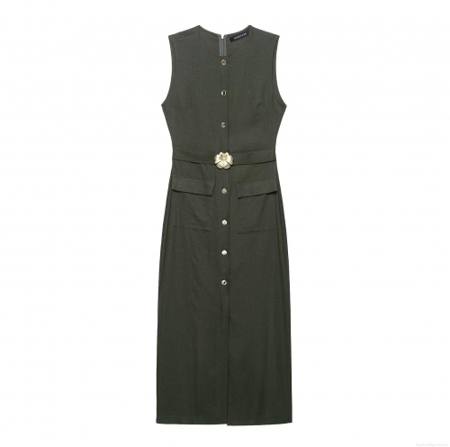 Women's Midi Dress European Sleeveless Round Neck With Golden Flower Belt Pockets Solid Color Polyester Blend Elegant Autumn Vest Dress For Women