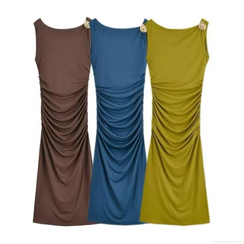 Women Sexy Backless Ruched Sleeveless Maxi Dress With Shell Metal Decoration Western Slim Fit Autumn Elegant Evening Party Long Dress