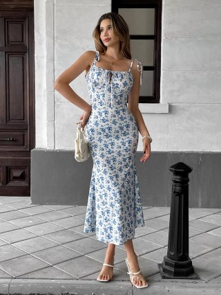 Women's Sweet Blue Floral Print Cami Midi Dress Slim Fit Fishtail Hem Polyester Elastane Summer French Style Party Dress