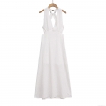 Women White Polyester Eyelet Embroidery Halter Midi Dress With Resin Ring Backless Hollow Out Sexy V Neck Summer Vacation Beach Party Sleeveless A-Line Dress