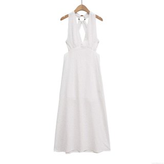 Women White Polyester Eyelet Embroidery Halter Midi Dress With Resin Ring Backless Hollow Out Sexy V Neck Summer Vacation Beach Party Sleeveless A-Line Dress