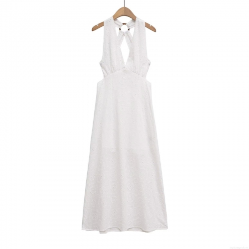 Women White Polyester Eyelet Embroidery Halter Midi Dress With Resin Ring Backless Hollow Out Sexy V Neck Summer Vacation Beach Party Sleeveless A-Line Dress