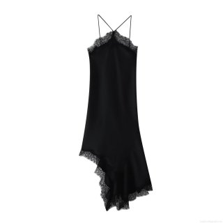Women's Sexy Satin Cami Midi Dress With Eyelash Lace Trim Asymmetric Hem V Neck Sleeveless Patchwork Dress For Party Club Night Out Streetwear Dress
