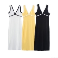 Women's Sexy V-Neck Sleeveless Midi Dress Contrast Trim Slim Fit Polyester Patchwork Camisole Dress For Party Casual Streetwear