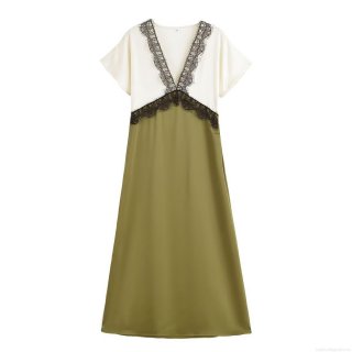 Women Elegant Color Block Satin Texture Midi Dress Black Lace Trim V-Neck Short Sleeve Patchwork Streetwear Party Dress For Women