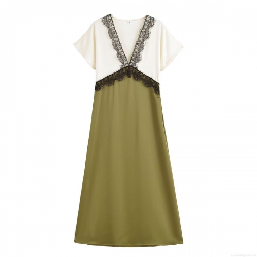 Women Elegant Color Block Satin Texture Midi Dress Black Lace Trim V-Neck Short Sleeve Patchwork Streetwear Party Dress For Women