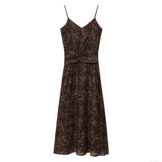 Women Leopard Print Spaghetti Strap Cami Dress Sexy V-Neck Backless Pleated Midi Dress Slim Fit Polyester Streetwear Party Clubwear Long Dress