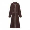 Women's Elegant Long Sleeve Pleated Midi Shirt Dress With Belt Polyester Contrast Trim Lapel Gold Buttons Autumn Solid Color Party Office Dress