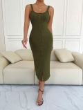 Women's Ribbed Knit Camisole Dress Elegant Slim Fit U-Neck Sleeveless Slit Maxi Dress With Decorative Buttons Sexy Bodycon Olive Green Summer Party Clubwear