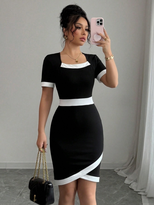 Women's Elegant Square Neck Short Sleeve Midi Dress Contrast Trim Colorblock High Waist Slim Fit Bodycon Knitting Dress For Office Party
