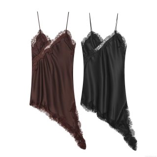 Women Sexy Lace Patchwork Satin Slip Dress Asymmetric Hem V-Neck Sleeveless Polyester Midi Dress Streetwear Party Nightgown