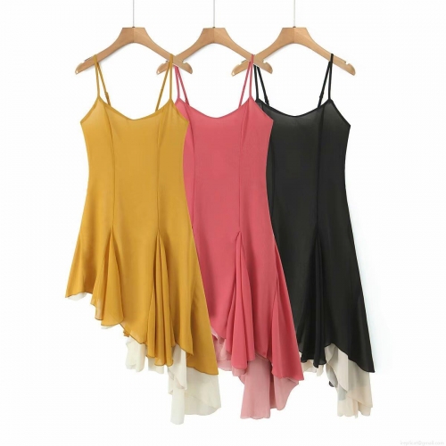 Women European Style 100% Polyester Chiffon Camisole Dress Sexy V Neck Ruffle Trim Irregular Hem Splicing Midi Dress For Party Vacation Streetwear