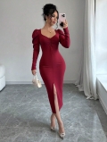 Elegant Wine Red Puff Sleeve Slit Midi Dress Vintage Square Neck Slim Fit Bodycon Party Evening Dress For Women Milk Silk Fabric