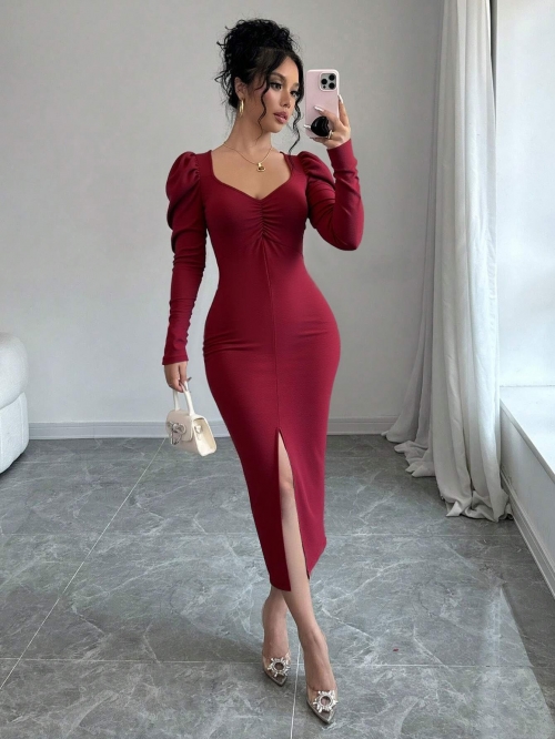 Elegant Wine Red Puff Sleeve Slit Midi Dress Vintage Square Neck Slim Fit Bodycon Party Evening Dress For Women Milk Silk Fabric