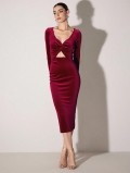 Elegant Wine Red Velvet Dress Sexy Deep V-Neck Hollow Out Knot Long Sleeve Bodycon Midi Dress For Women Party Banquet Club Dress