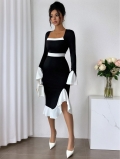 Women's Elegant Hepburn Style Color Block Long Sleeve Midi Dress Square Neck Ruffle Hem Bodycon Knitted Polyester Spandex Patchwork Party Dress