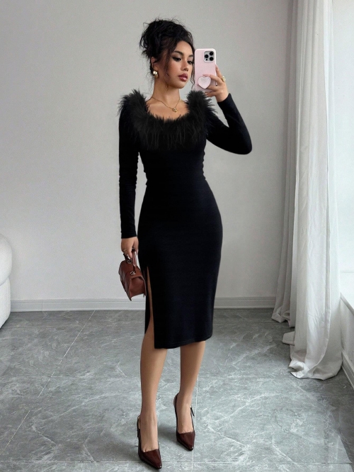 Elegant Black Long Sleeve Bodycon Midi Dress With Faux Fur Collar Side Slit Sexy Evening Party Gown For Women Polyester Spandex Knit Dress