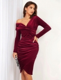Women's Elegant Burgundy Velvet Midi Dress One Shoulder Long Sleeve Ruched Bodycon Side Slit Evening Party Wedding Guest Cocktail Dress
