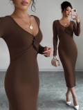 Women's Elegant Brown Ribbed Knit Midi Dress V-Neck Twist Front Long Sleeve Slim Fit Bodycon Pencil Dress for Autumn Spring Casual Office Work Daily Wear