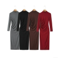 Women's Mock Neck Side Ruched Long Sleeve Bodycon Dress Slim Fit Ribbed Knit Midi Dress Rayon Spandex Fall Fashion For Casual Party Streetwear