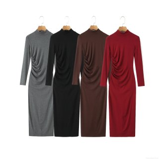 Women's Mock Neck Side Ruched Long Sleeve Bodycon Dress Slim Fit Ribbed Knit Midi Dress Rayon Spandex Fall Fashion For Casual Party Streetwear