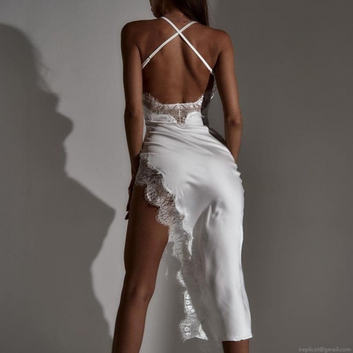Women Sexy Backless Satin Midi Dress With Lace Trim Elegant Cross Back Straps Side Slit Cami Slip Dresses For Party Evening Club Date Night Summer Outfits