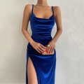 Women Sexy Bodycon Velvet Spaghetti Strap Midi Dress With High Slit Cowl Neck Evening Party Elegant Solid Color Dresses For Women