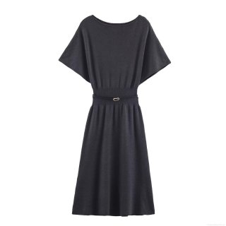 Women's 2025 Autumn Western Style Knitted Midi Dress With Belt Round Neck Short Sleeve Solid Color Polyester Casual Streetwear Knitted Dress