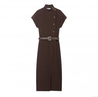 Women's Elegant Short Sleeve Half High Neck Polyester Midi Dress With Belt Asymmetric Gold Buttons Slit Autumn Street Style Dress