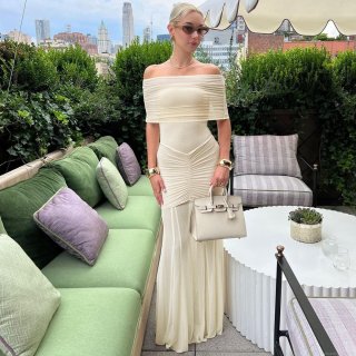 Women's Sexy Off-Shoulder Pleated Mesh Patchwork Midi Dress Elegant Bodycon See-Through Party Evening Gown with 95% Polyester 5% Spandex Fabric