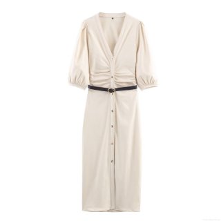 Women's V-Neck Puff Sleeve Midi Dress With Belt Elegant Button Front Off-White A-Line Cotton Blend Denim Dress For Autumn Street Style