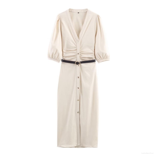 Women's V-Neck Puff Sleeve Midi Dress With Belt Elegant Button Front Off-White A-Line Cotton Blend Denim Dress For Autumn Street Style