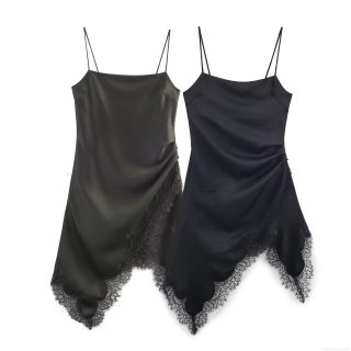 Women Lace Patchwork Satin Slip Midi Dress Irregular Hem V-Neck Spaghetti Strap Polyester Silk Texture Evening Party Club Wear Sexy Elegant Dress