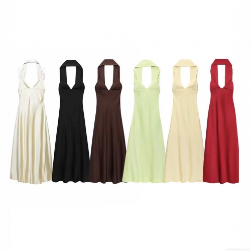 Women Halter Neck Satin Midi Dress Sexy Deep V-Neck Backless Sleeveless Plain Color Slim Fit Polyester Silk Like Dresses For Party Evening Vacation Elegant Streetwear