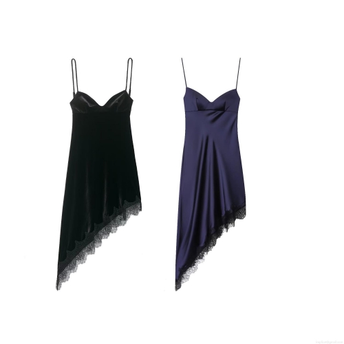 Sexy Women's Backless Lace Trim Satin Velvet Asymmetric Slip Midi Dress Cross Tie Up Party Evening Bodycon Camisole Dress