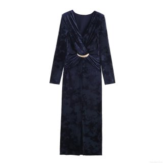 Women's Elegant Navy Blue Velvet Midi Dress Deep V-Neck Long Sleeve Slim Fit With Crescent Moon Accessory For Evening Party Autumn Fashion