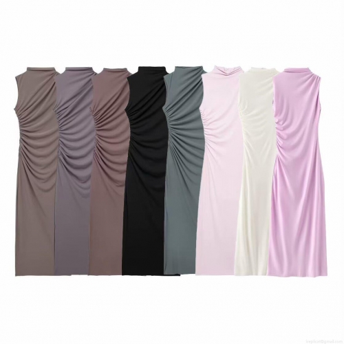 Women's Elegant Ruched Midi Dress Stand Collar Sleeveless Slim Fit Bodycon Evening Party Cocktail Sexy Solid Color Polyester Long Dress For Lady