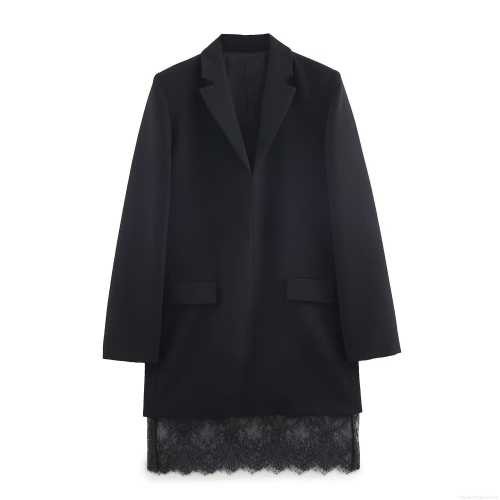 Women's Elegant Blazer Dress With Patchwork Lace Hem Long Sleeve Single Breasted Street Style Midi Dress For Office Party Spring Ladies