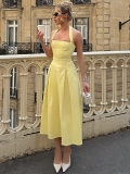 Women Halter Neck Sexy Backless Midi Dress 95% Polyester 5% Spandex High Waist A-Line Swing Dress For Summer Party Vacation Elegant Celebrity Style