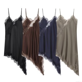 Women Satin Lace Patchwork Cami Dress Sexy V Neck Sleeveless Irregular Hem Midi Sling Dress Solid Color Streetwear Party Club Dress