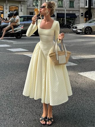 French Retro Gingham Long Sleeve Midi Dress Square Neck High Waist A-Line Flare Hem Elegant 100% Polyester Summer Autumn Casual Vacation Dress For Women