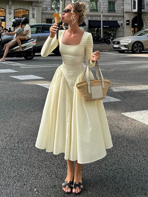 French Retro Gingham Long Sleeve Midi Dress Square Neck High Waist A-Line Flare Hem Elegant 100% Polyester Summer Autumn Casual Vacation Dress For Women