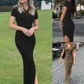Women's Elegant Short Sleeve Ribbed Knit Polo Midi Dress Slim Fit Sexy Side Slit Single Breasted Bodycon Dress for Daily Casual Streetwear