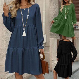 Women's Casual Solid Color Tiered Midi Dress Round Neck Long Puff Sleeve Ruffle Hem Loose Flowy Smock Dress For Women Daily Vacation Autumn